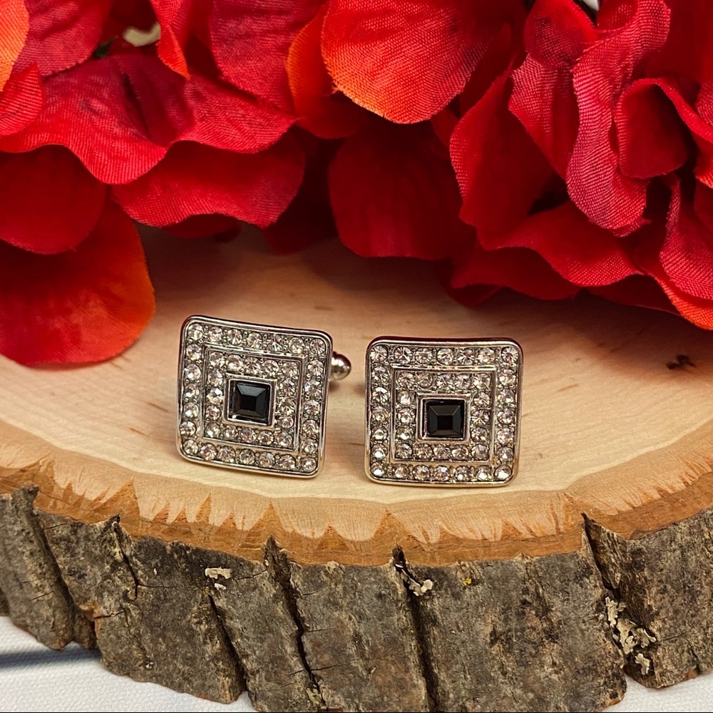 Square Cufflinks with Black & Silver Crystals - Picture 12 of 16